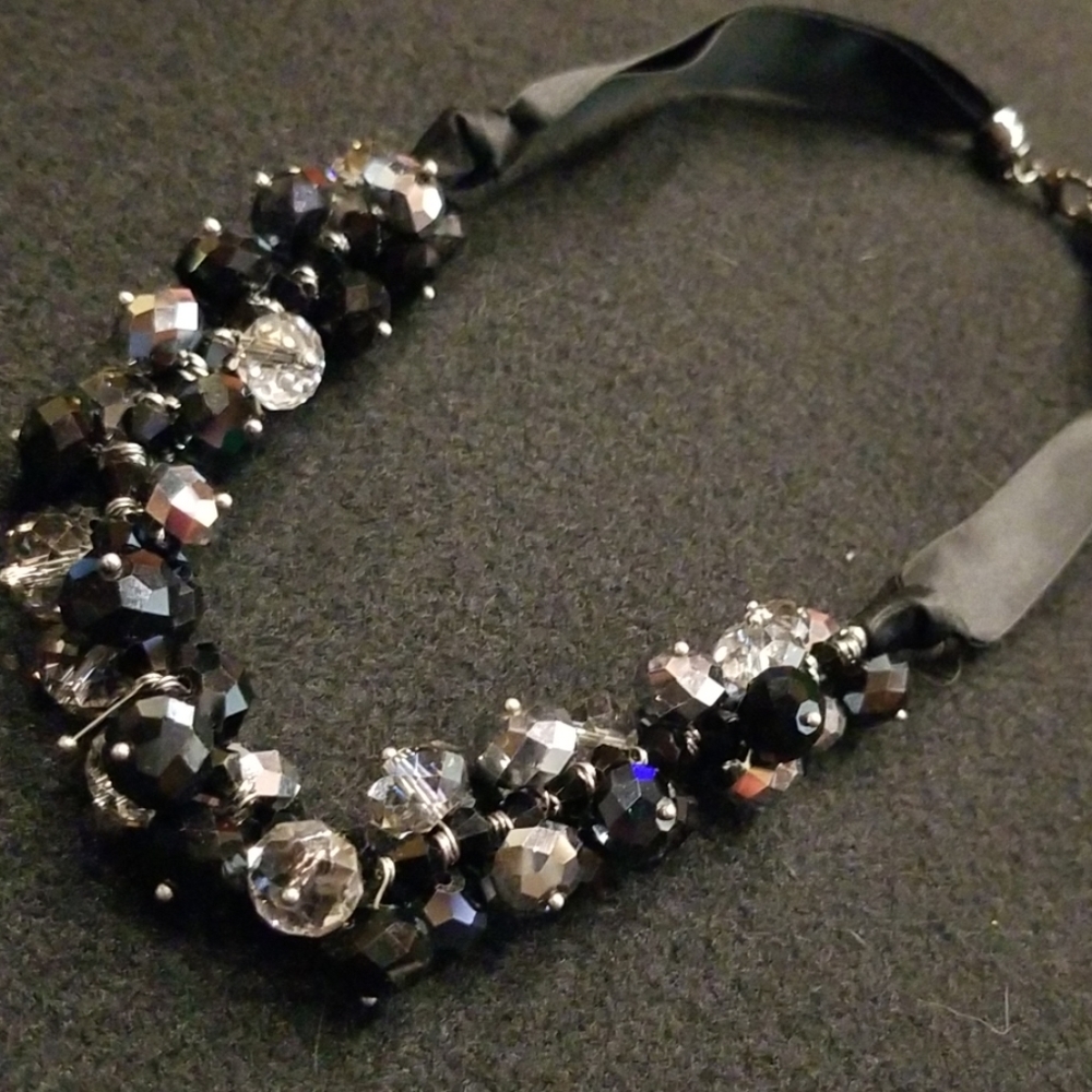 Black Silver Bead Ribbon Choker Bib Necklace